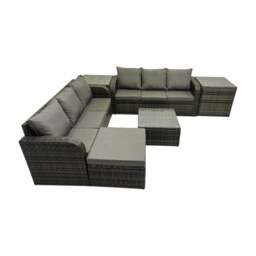 Rackhams Rattan Garden Outdoor Furniture Set 3 Seater Sofa Square Coffee Table Set with Big Stool 2 Side Table Dark Grey Mixed - thumbnail 1