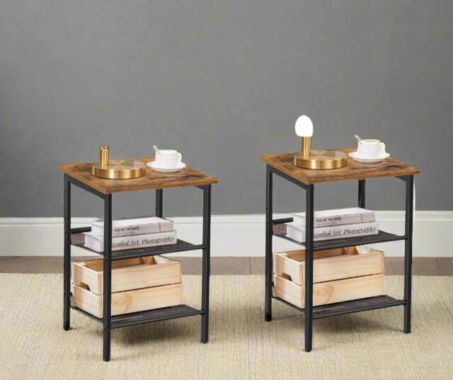 Rackhams Set of 2 Industrial Side Tables – Rustic Brown & Black Nightstands with Adjustable Mesh Shelves - image 1