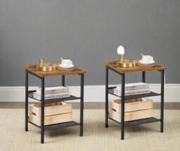 Rackhams Set of 2 Industrial Side Tables – Rustic Brown & Black Nightstands with Adjustable Mesh Shelves - thumbnail 1
