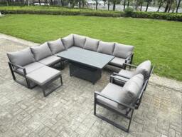 Rackhams 10 Seater Aluminium Sofa Set 9 Pieces Outdoor Garden Furniture - Rising Dining Table with Cushions Big Footstool 2 Chair Footstool Dark Grey - thumbnail 1