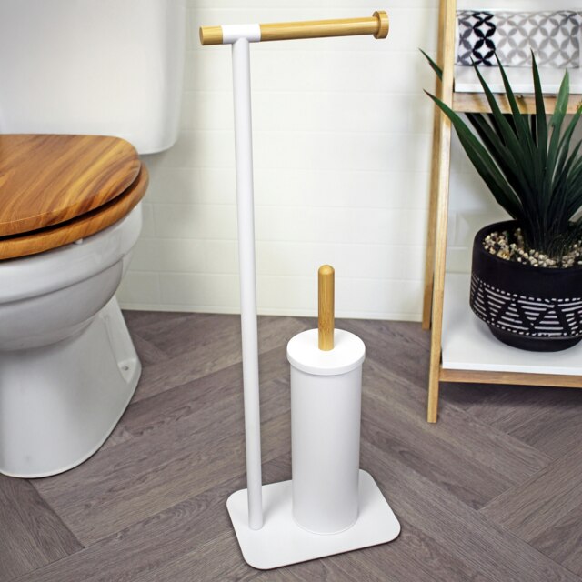 Rackhams Sonata White & Bamboo Toilet Roll Holder & Toilet Brush Combination - image 1