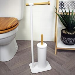 Rackhams Sonata White & Bamboo Toilet Roll Holder & Toilet Brush Combination - thumbnail 1