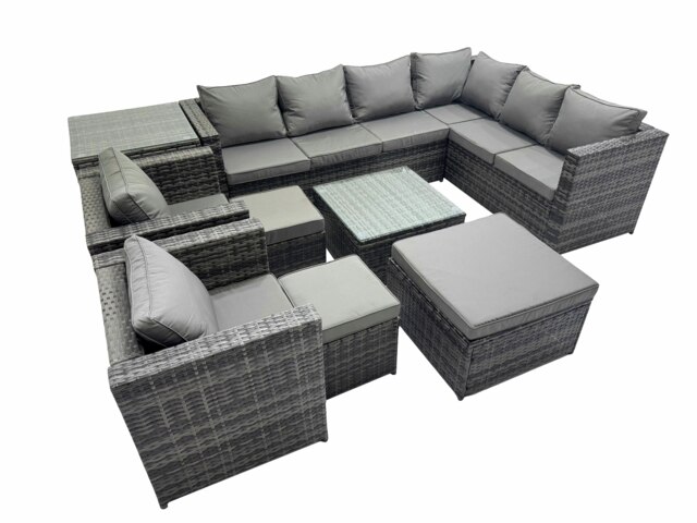 Rackhams Outdoor PE Rattan Garden Furniture Sofa Set with Square Coffee Table 3 Stools Side Table 2 Chair Dark Grey - image 1