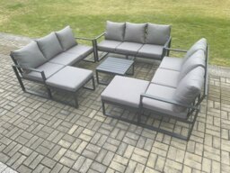 Rackhams Aluminium Outdoor Garden Furniture Set Patio Lounge Sofa with Square Coffee Table 2 Big Footstools Conservatory Set Dark Grey - thumbnail 2