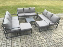 Rackhams Aluminium Outdoor Garden Furniture Set Patio Lounge Sofa with Square Coffee Table 2 Big Footstools Conservatory Set Dark Grey - thumbnail 1
