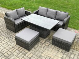 Rackhams Outdoor Rattan Garden Furniture Sets Height Adjustable Rising lifting Dining Table Lounge Sofa Set With 2 Big Footstool Dark Grey Mixed - thumbnail 1