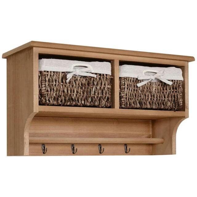 Rackhams Entryway Coat Rack Wall Mounted Shelf w/ 2 Corn Husk Baskets and Hooks, Brown - Brown - image 1
