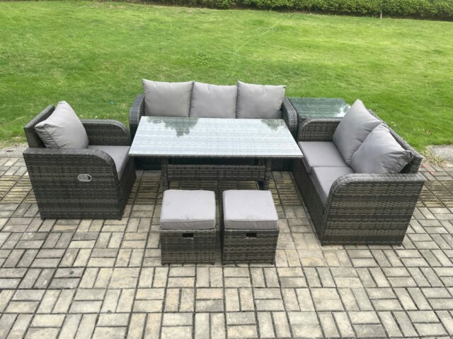 Rackhams 8 Seater Garden Rattan Furniture Dining Table Sofa Set Indoor Outdoor with Reclining Chairs Side Table 2 Small Footstools Dark Grey Mixed - image 1