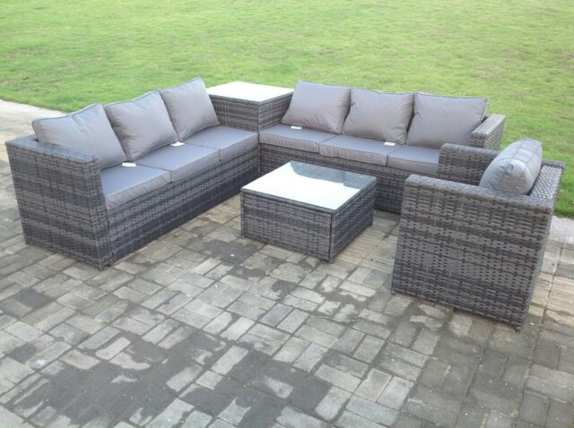 Rackhams Dark Mixed Grey Outdoor Rattan Garden Furniture Set Corner Sofa 2 Tables With 1 Chair