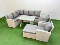 Rackhams Garden Outdoor Rattan Furniture Set Rattan Corner Sofa Oblong Dining Table with 2 Armchairs Big Footstool Light Grey Mixed 9 Seater - thumbnail 1