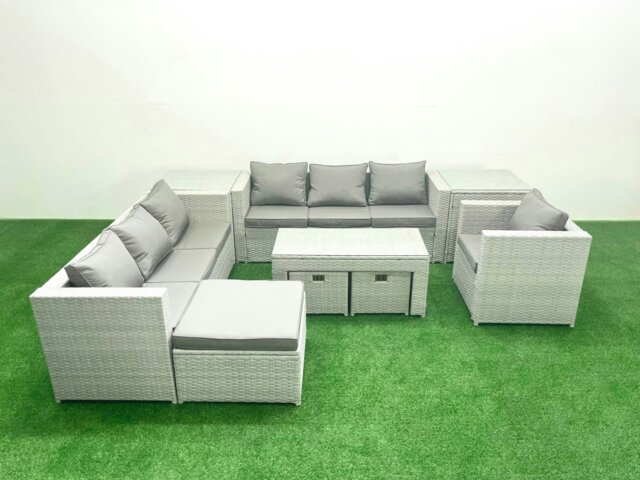 Rackhams Wicker PE Rattan Sofa Garden Furniture Set with Oblong Coffee Table Armchair 3 Footstools 2 Side Tables Light Grey Mixed - image 1