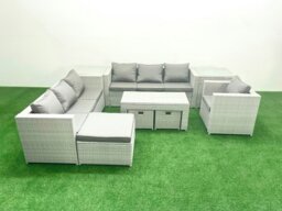Rackhams Wicker PE Rattan Sofa Garden Furniture Set with Oblong Coffee Table Armchair 3 Footstools 2 Side Tables Light Grey Mixed - thumbnail 2