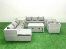 Rackhams Wicker PE Rattan Sofa Garden Furniture Set with Oblong Coffee Table Armchair 3 Footstools 2 Side Tables Light Grey Mixed - thumbnail 1