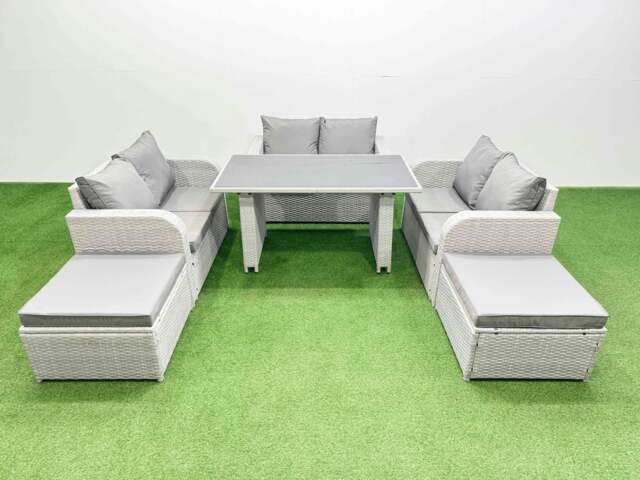 Rackhams 8 Seater Patio Garden Furniture Sets with Black Glass Top Dining Table Love Sofa 2 Big Stool Light Grey - image 1