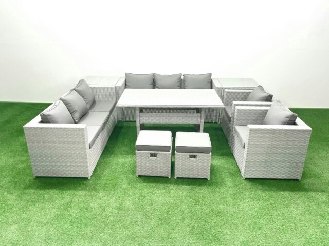 Rackhams 8 Seater Rattan Garden Furniture Set - Light Grey Mixed Patio Dining Sofa Set with Dining Table, 2 Chairs & 2 Footstools - image 1