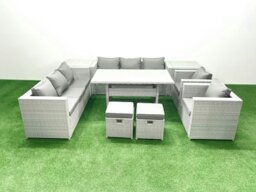 Rackhams 8 Seater Rattan Garden Furniture Set - Light Grey Mixed Patio Dining Sofa Set with Dining Table, 2 Chairs & 2 Footstools - thumbnail 1