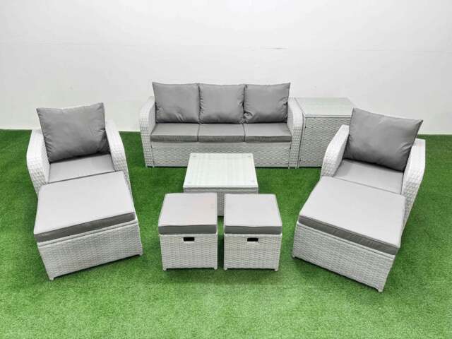 Rackhams Outdoor Garden Furniture Set PE Rattan Lounge Sofa Set with Coffee Table 3 Seater Sofa 4 Footstools Side Table Light Grey - image 1