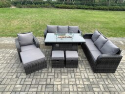 Rackhams 10 Seater Wicker Rattan Garden Furniture Set Gas Fire Pit Dining Table Reclining Chair 3 Seater Sofa Set Indoor Outdoor with 3 Footstools - thumbnail 2