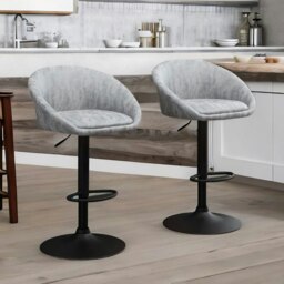 Rackhams 2PC Height Adjustable 360 Swivel Bar Stools Set With Backrest Light Grey - thumbnail 4