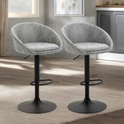 Rackhams 2PC Height Adjustable 360 Swivel Bar Stools Set With Backrest Light Grey - thumbnail 2