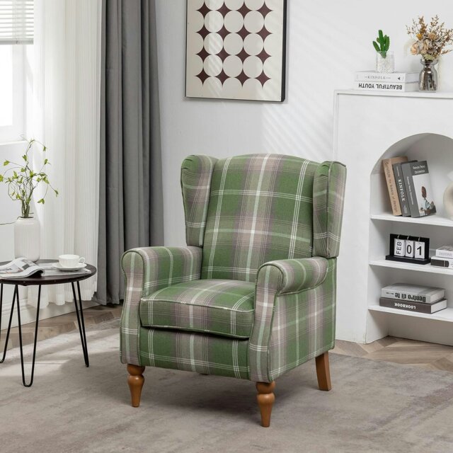 Rackhams Wingback Tartan Armchair, Retro Accent Chair Soft Padded Fabric Lounge Padded Sofa Chair with  Solid Wood Frame - Green - image 1