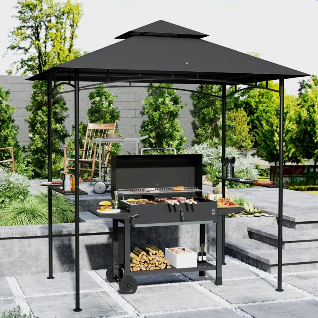 Rackhams 8' x 5' Grill Gazebo, Double Tiered Outdoor BBQ Shelter, Beige - Dark Grey - Galvanised Steel, Polyester - 240L x 150W x 258Hcm - image 1