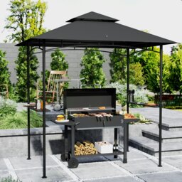 Rackhams 8' x 5' Grill Gazebo, Double Tiered Outdoor BBQ Shelter, Beige - Dark Grey - Galvanised Steel, Polyester - 240L x 150W x 258Hcm