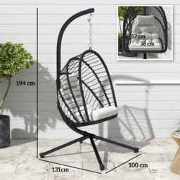 Rackhams PE Hanging Swing Chair w/ Thick Cushion, Patio Hanging Chair, Black - Light Grey - Steel, PE Rattan - 100cm x 131cm x 194cm - thumbnail 6