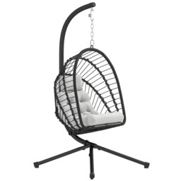 Rackhams PE Hanging Swing Chair w/ Thick Cushion, Patio Hanging Chair, Black - Light Grey - Steel, PE Rattan - 100cm x 131cm x 194cm - thumbnail 2