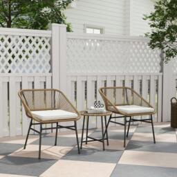 Rackhams Rattan Bistro Set, Small Balcony Furniture with Cushion, Light Grey