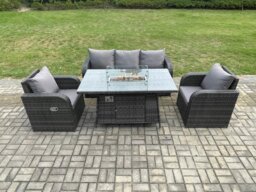 Rackhams Garden Patio Furniture Wicker Rattan Gas Fire Pit Table and Chair set with 3 Seater Sofa Dark Grey Mixed - thumbnail 1