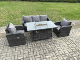 Rackhams Garden Patio Furniture Wicker Rattan Gas Fire Pit Table and Chair set with 3 Seater Sofa Dark Grey Mixed - thumbnail 2