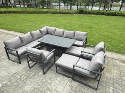 Rackhams 12 Seater Aluminium Sofa Set 11 Piece Outdoor Garden Furniture - Rising Dining Table w/ Cushions 2 Big Footstools 3 Chairs Footstool Dark Grey - thumbnail 1