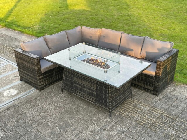 Rackhams 6 Seater Outdoor Rattan Garden Corner Sofa Furniture Gas Fire Pit Table Sets Gas Heater Lounge Dark Grey - image 1