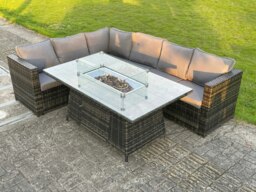 Rackhams 6 Seater Outdoor Rattan Garden Corner Sofa Furniture Gas Fire Pit Table Sets Gas Heater Lounge Dark Grey - thumbnail 3