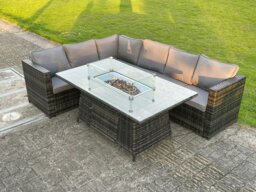 Rackhams 6 Seater Outdoor Rattan Garden Corner Sofa Furniture Gas Fire Pit Table Sets Gas Heater Lounge Dark Grey - thumbnail 2
