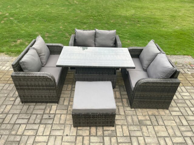 Rackhams Rattan Garden Outdoor Furniture 3 PC Love Sofa Set Patio Adjustable Rising lifting Dining Table With Big Footstool - image 1