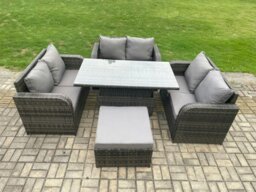 Rackhams Rattan Garden Outdoor Furniture 3 PC Love Sofa Set Patio Adjustable Rising lifting Dining Table With Big Footstool - thumbnail 2