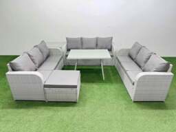 Rackhams 10 Seat Outdoor PE Rattan Garden Furniture with Cushions 3 Seater Sofa Side Table Big Stool Light Grey - thumbnail 1