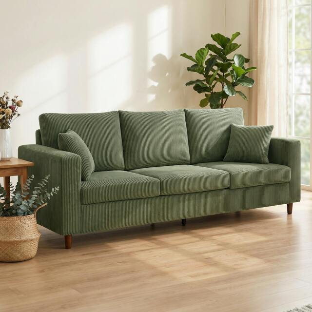 Rackhams 3 Seater Sofa with Wide Seat, Corduroy Upholstered, Green - image 1
