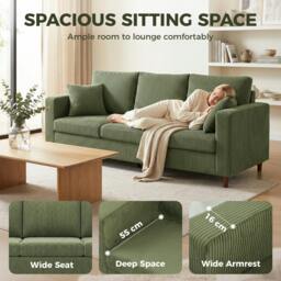 Rackhams 3 Seater Sofa with Wide Seat, Corduroy Upholstered, Green - thumbnail 4
