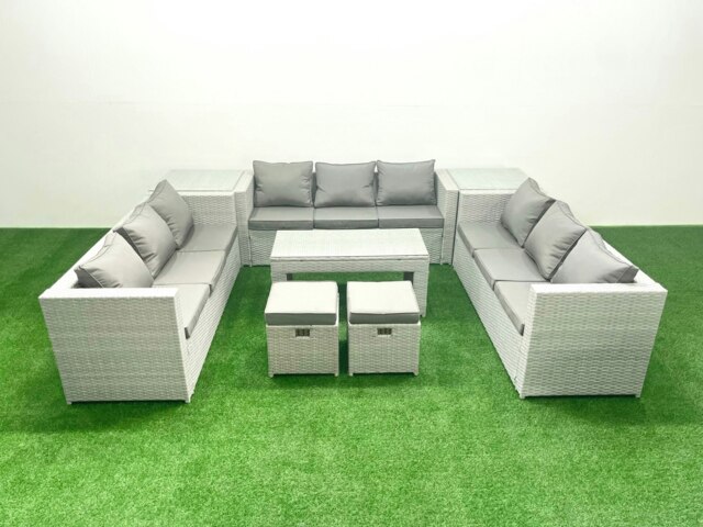 Rackhams Rattan Garden Outdoor Furniture Set 11 Seater Garden Sofa Oblong Coffee Table Set with 2 Small Footstool 2 Side Tables Light Grey Mixed - image 1