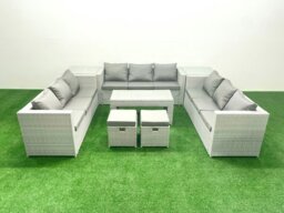 Rackhams Rattan Garden Outdoor Furniture Set 11 Seater Garden Sofa Oblong Coffee Table Set with 2 Small Footstool 2 Side Tables Light Grey Mixed - thumbnail 2