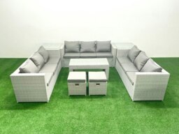 Rackhams Rattan Garden Outdoor Furniture Set 11 Seater Garden Sofa Oblong Coffee Table Set with 2 Small Footstool 2 Side Tables Light Grey Mixed - thumbnail 1