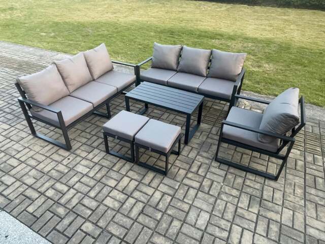 Rackhams Aluminium 9 Seater Garden Furniture Outdoor Patio Sofa Set with Rectangular Coffee Table Armchair 2 Small Footstool Dark Grey - image 1