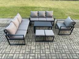 Rackhams Aluminium 9 Seater Garden Furniture Outdoor Patio Sofa Set with Rectangular Coffee Table Armchair 2 Small Footstool Dark Grey - thumbnail 2