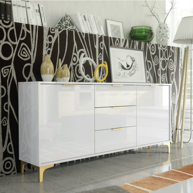Rackhams Luxury 140cm White High Gloss TV Unit Stand Sideboard with Gold Finish Accents - 140cm - White Matt Body & White Gloss Doors - MDF/Chipboard - image 1