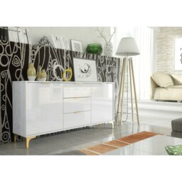 Rackhams Luxury 140cm White High Gloss TV Unit Stand Sideboard with Gold Finish Accents - 140cm - White Matt Body & White Gloss Doors - MDF/Chipboard - thumbnail 2