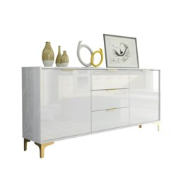Rackhams Luxury 140cm White High Gloss TV Unit Stand Sideboard with Gold Finish Accents - 140cm - White Matt Body & White Gloss Doors - MDF/Chipboard - thumbnail 4