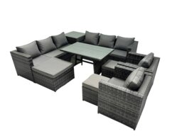 Rackhams Outdoor Corner Sofa Chair Dining Table Set Garden Rattan Furniture Set 11 Seater with 3 Stool Side Table Dark Grey - thumbnail 1
